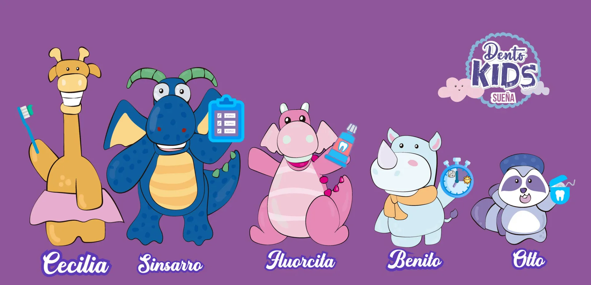 Los personajes de la Patrulla Anticaries: Cecilia, Severino, Mauricio, Benito y Otto